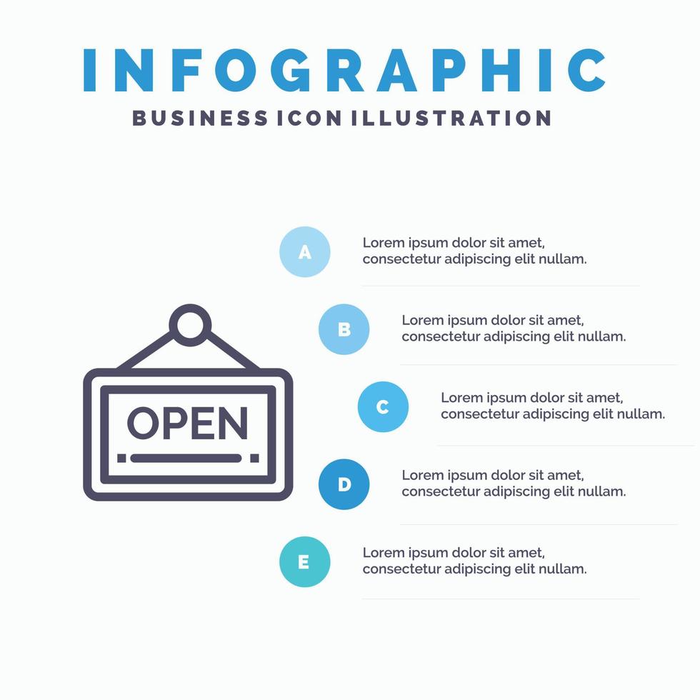 Aperto cartello tavola Hotel linea icona con 5 passaggi presentazione infografica sfondo vettore