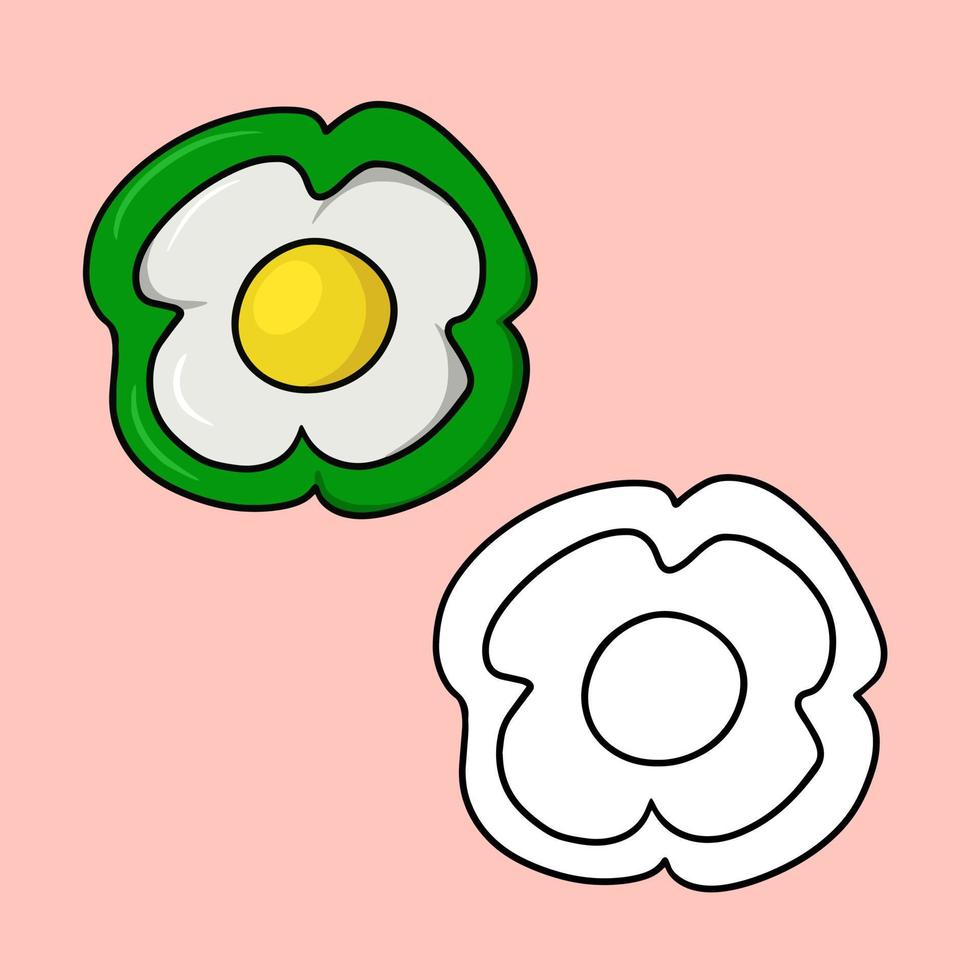 un' impostato di immagini, un' fetta di verde dolce Pepe con un' fritte uovo, un' vettore illustrazione nel cartone animato stile su un' colorato sfondo