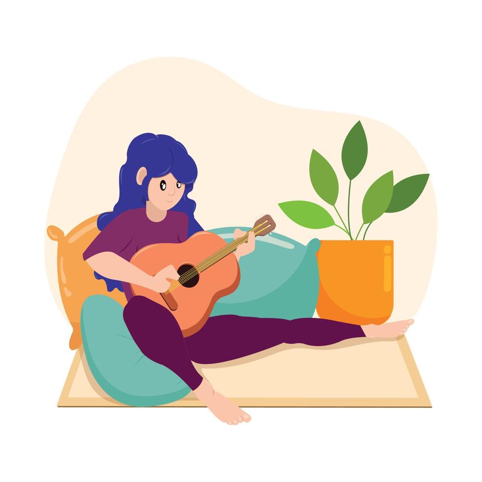 ragazza personaggio giocando chitarra su cuscini hygge scenario vettore illustrazione