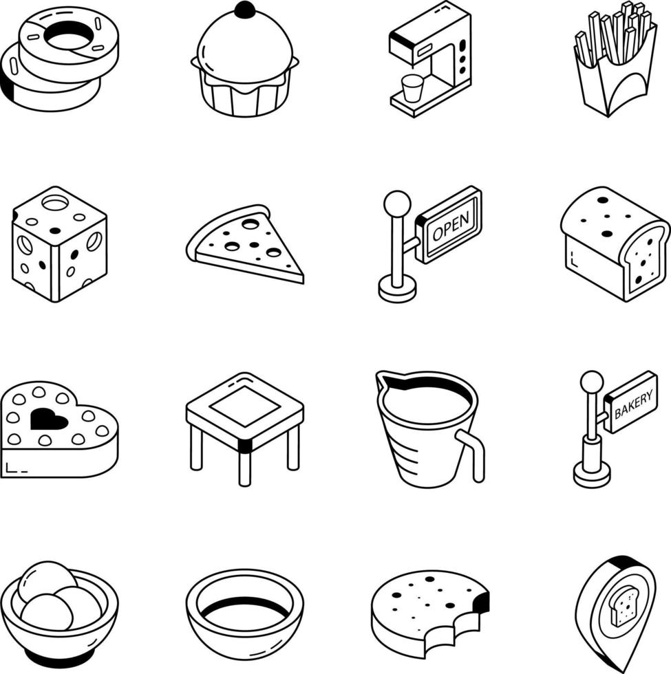 cibo e cottura al forno utensili schema isometrico icone vettore