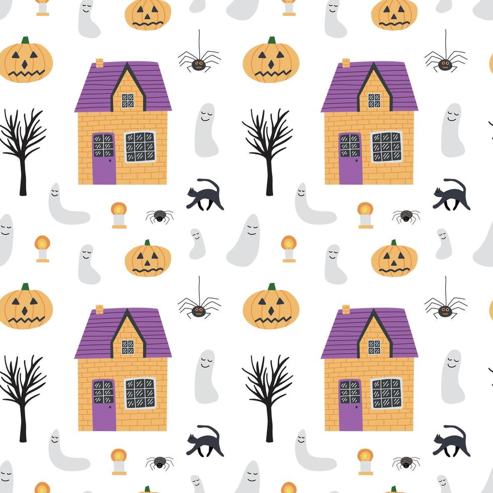 carino paese case e fantasma Halloween modello. vettore case, fantasmi, zucche e gatti senza soluzione di continuità modello