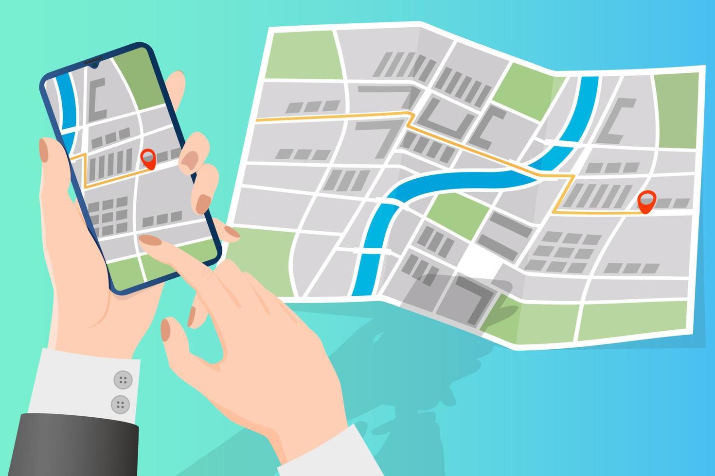 un' persona è Tenere un' smartphone con un' carta geografica e un' marcatore punto.gps navigazione, moderno tecnologie.posizione rivelazione utilizzando geolocalizzazione.flat vettore illustrazione.