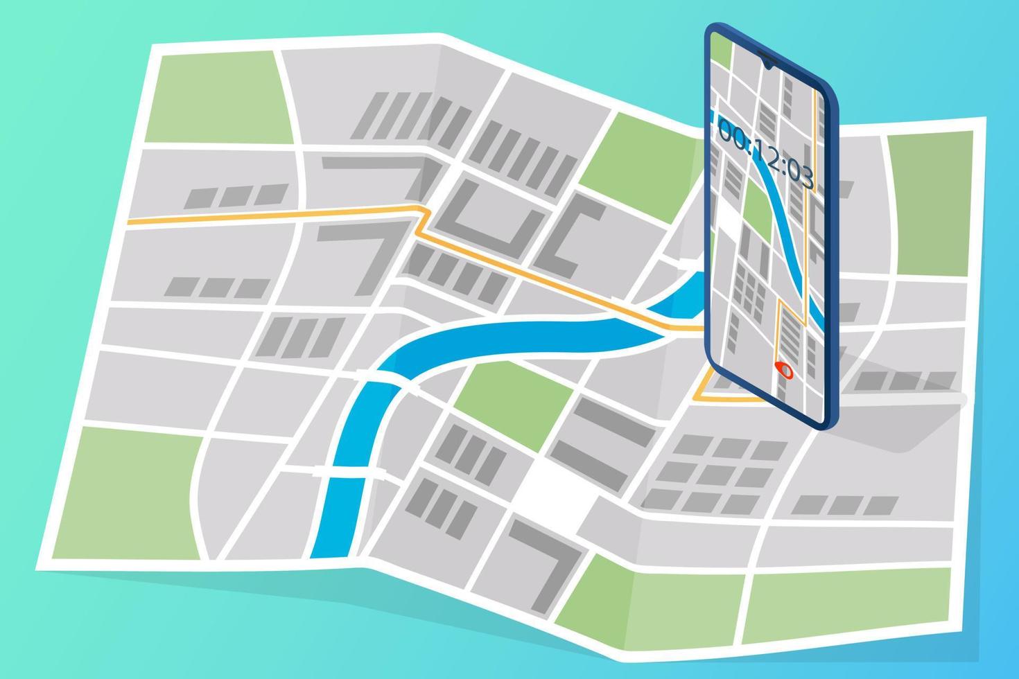 carta geografica e smartphone con GPS navigatore.il concetto di moderno tecnologie quando utilizzando navigazione.isometrica vettore illustrazione.