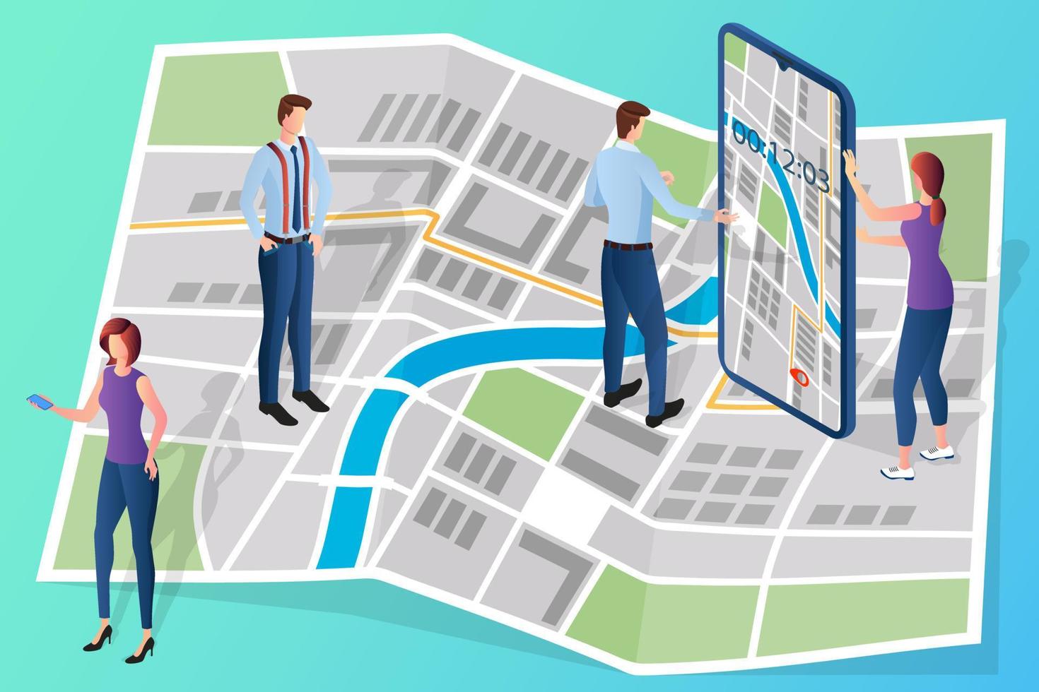 persone opera con mappe e un' smartphone con un' GPS navigatore.il concetto di moderno tecnologie quando utilizzando navigazione.isometrica vettore illustrazione.