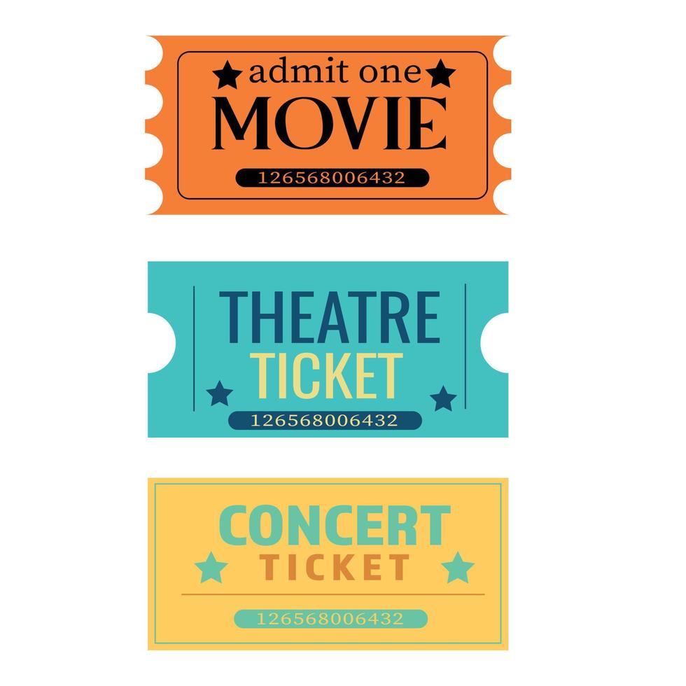 un' impostato di Biglietti per un' concerto, film, Teatro nel arancia, blu, giallo. vettore