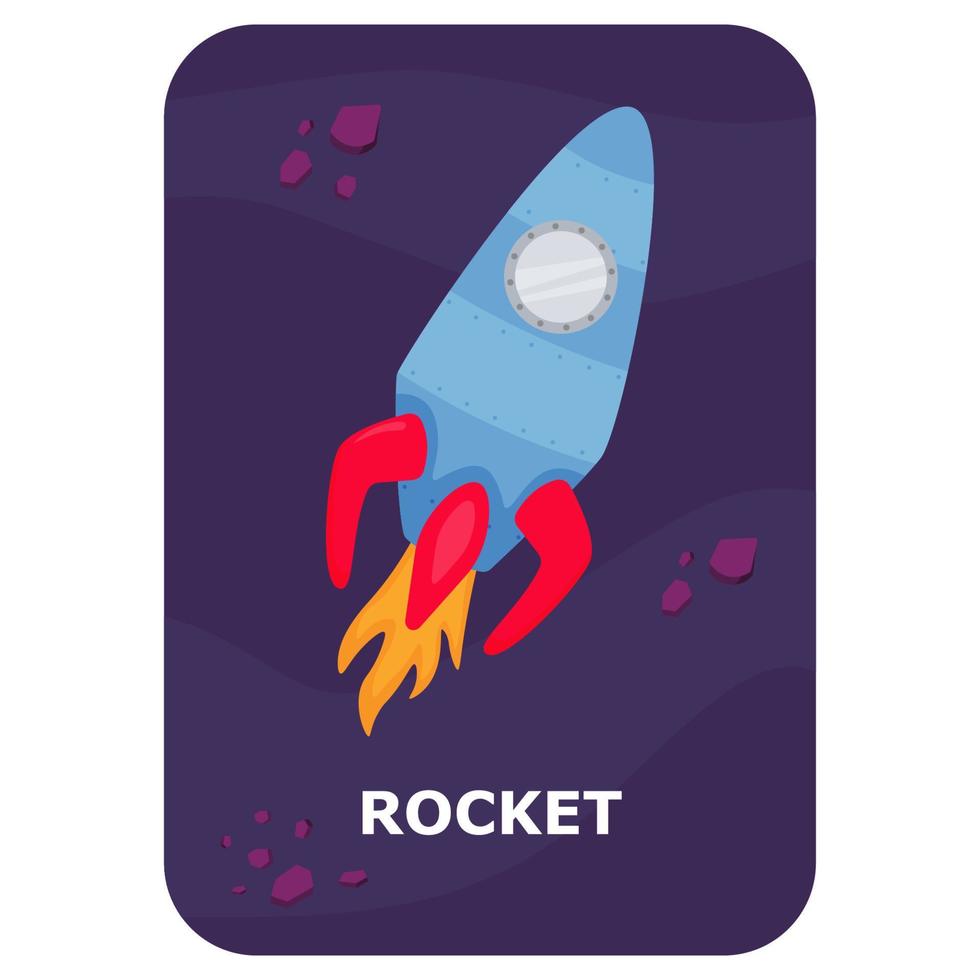 razzo. vettore spazio veloce carta. inglese linguaggio gioco con carino astronauta, razzo, pianeta, cometa, alieno per bambini. astronomia flashcard con divertente personaggi. semplice educativo stampabile foglio di lavoro