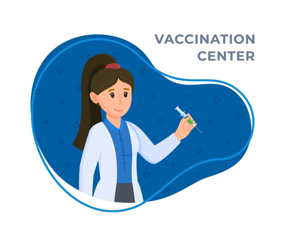 vettore illustrazione di vaccinazione medico. giovane femmina medico con un' siringa nel sua mano.