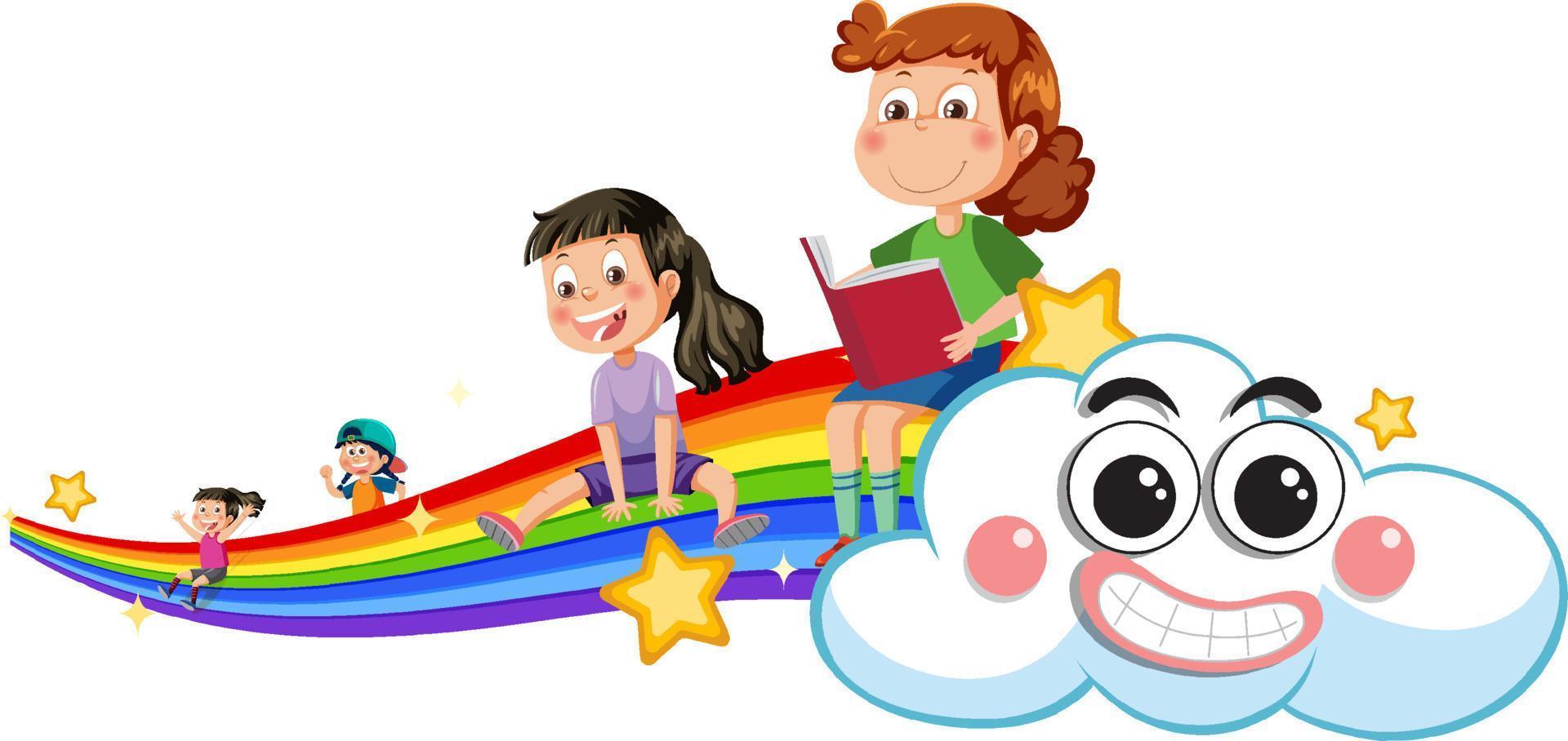 bambini su arcobaleno nel cartone animato stile vettore