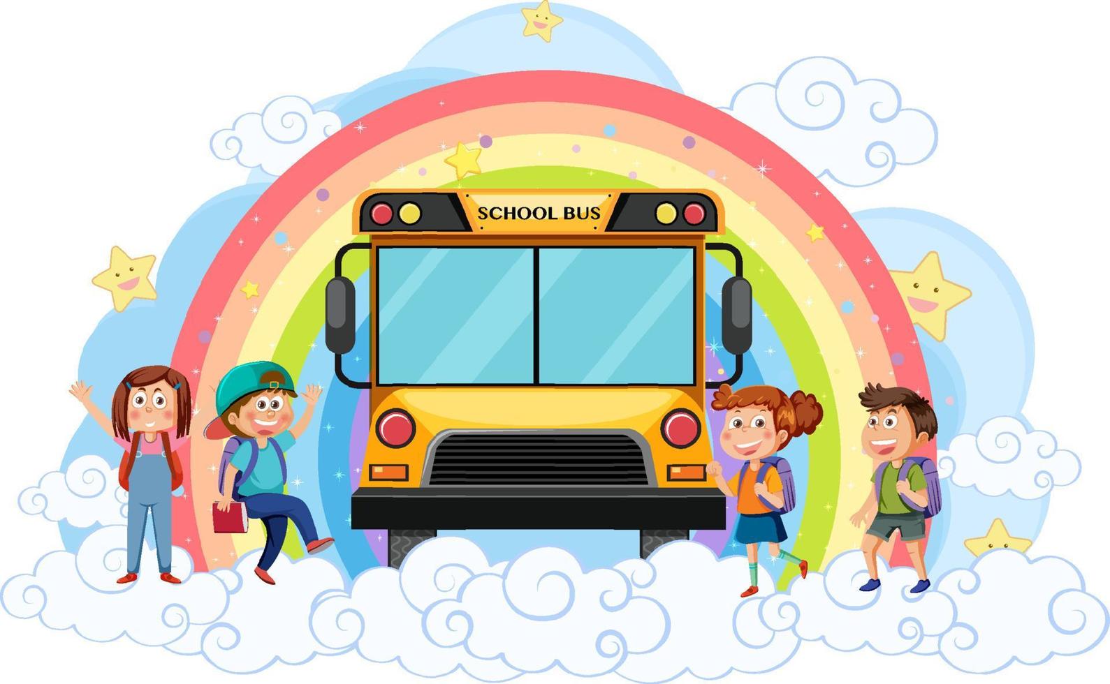 scuola autobus bambini con arcobaleno vettore