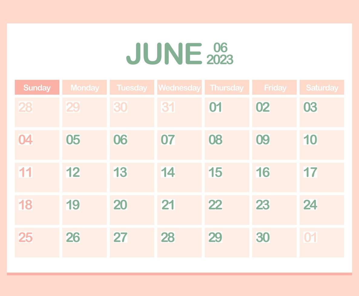 calendario per anno 2023. giugno. ufficio aziendale progettista modello nel pastello colori. minimalismo. settimana inizia su Domenica vettore