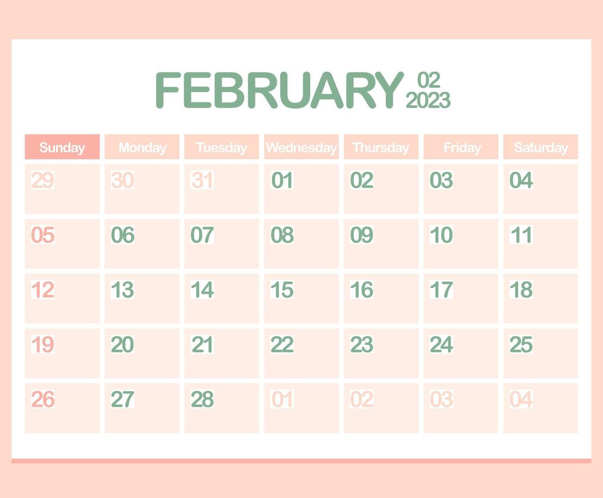 calendario per anno 2023. febbraio. ufficio aziendale progettista modello nel pastello colori. parete o del desktop calendario pagina. minimalismo. settimana inizia su Domenica vettore