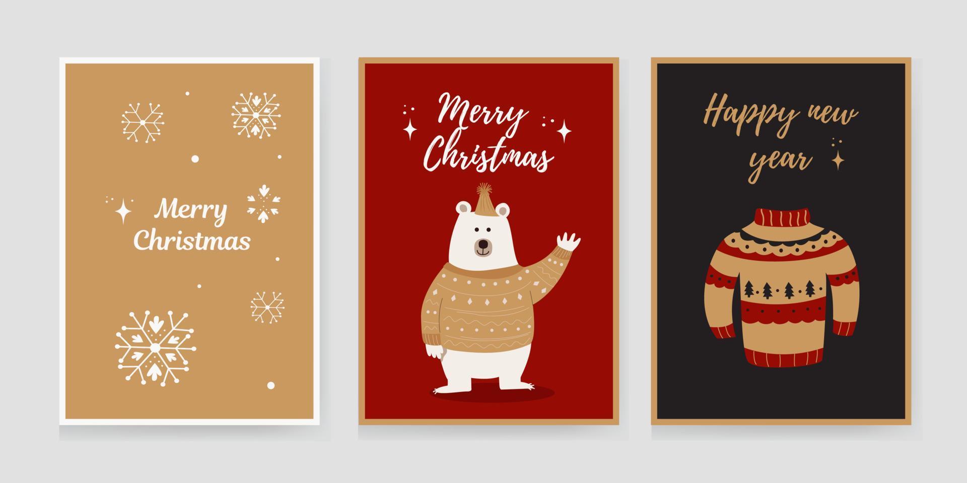 Natale impostato di sfondi, saluto carte, ragnatela manifesti, vacanza copertine. design con il Immagine di un' orso, un' Maglione, fiocchi di neve. bandiera modelli per il Natale festa vettore