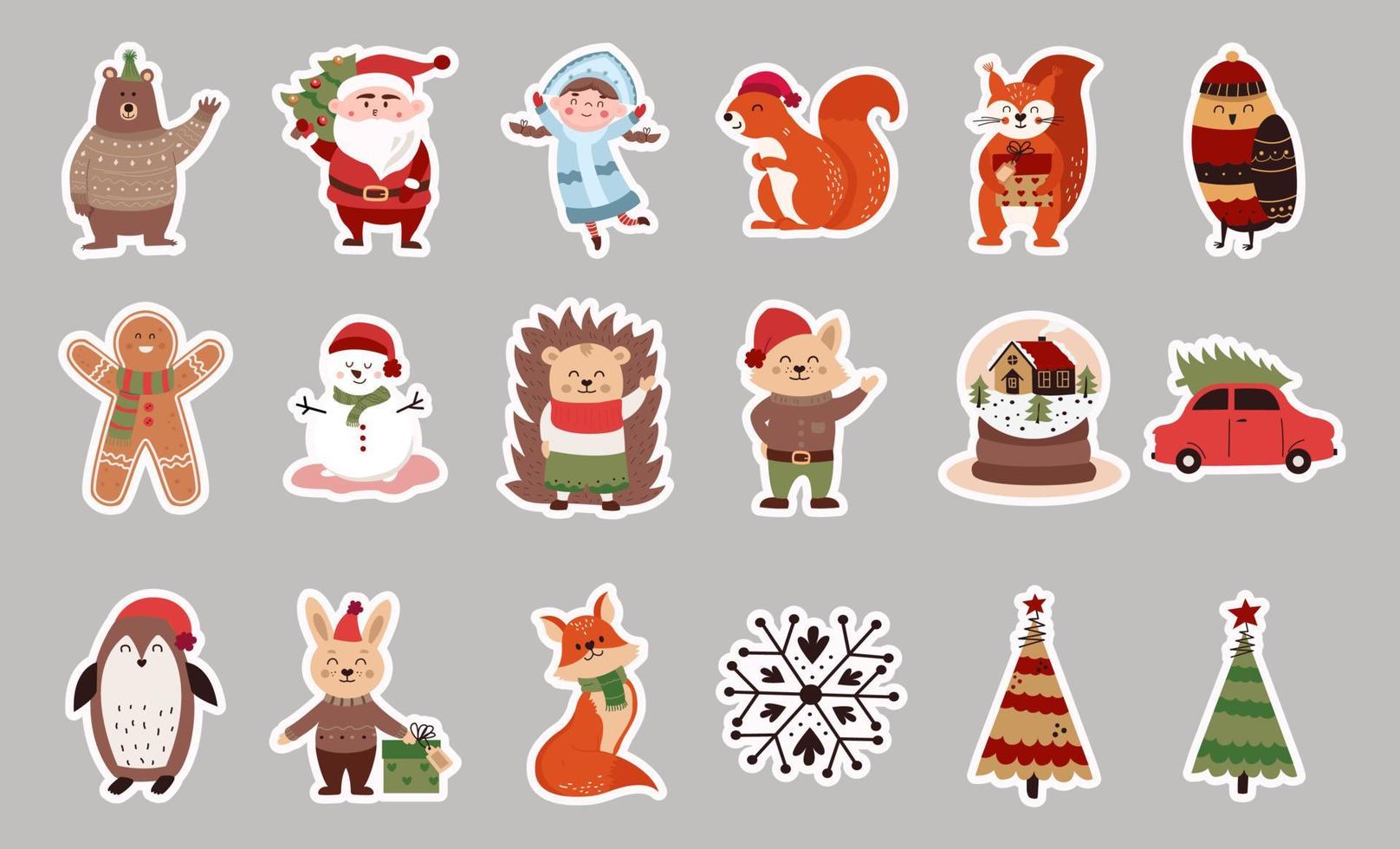Natale vettore impostato di cartone animato personaggi e adesivi, coniglio Volpe e pinguino. vettore illustrazione