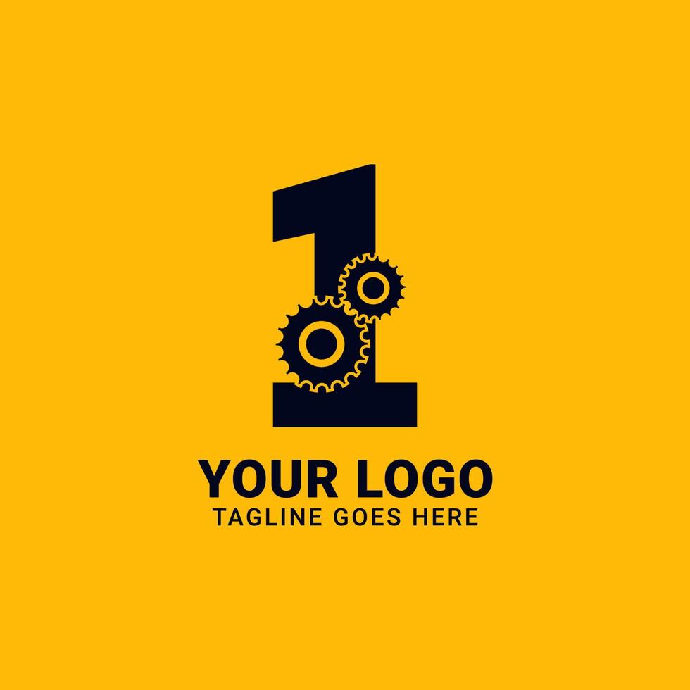 numero 1 con Ingranaggio per tecnologia e meccanico vettore logo design