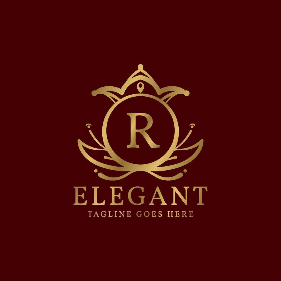 lettera r elegante le foglie e corona cresta vettore logo design