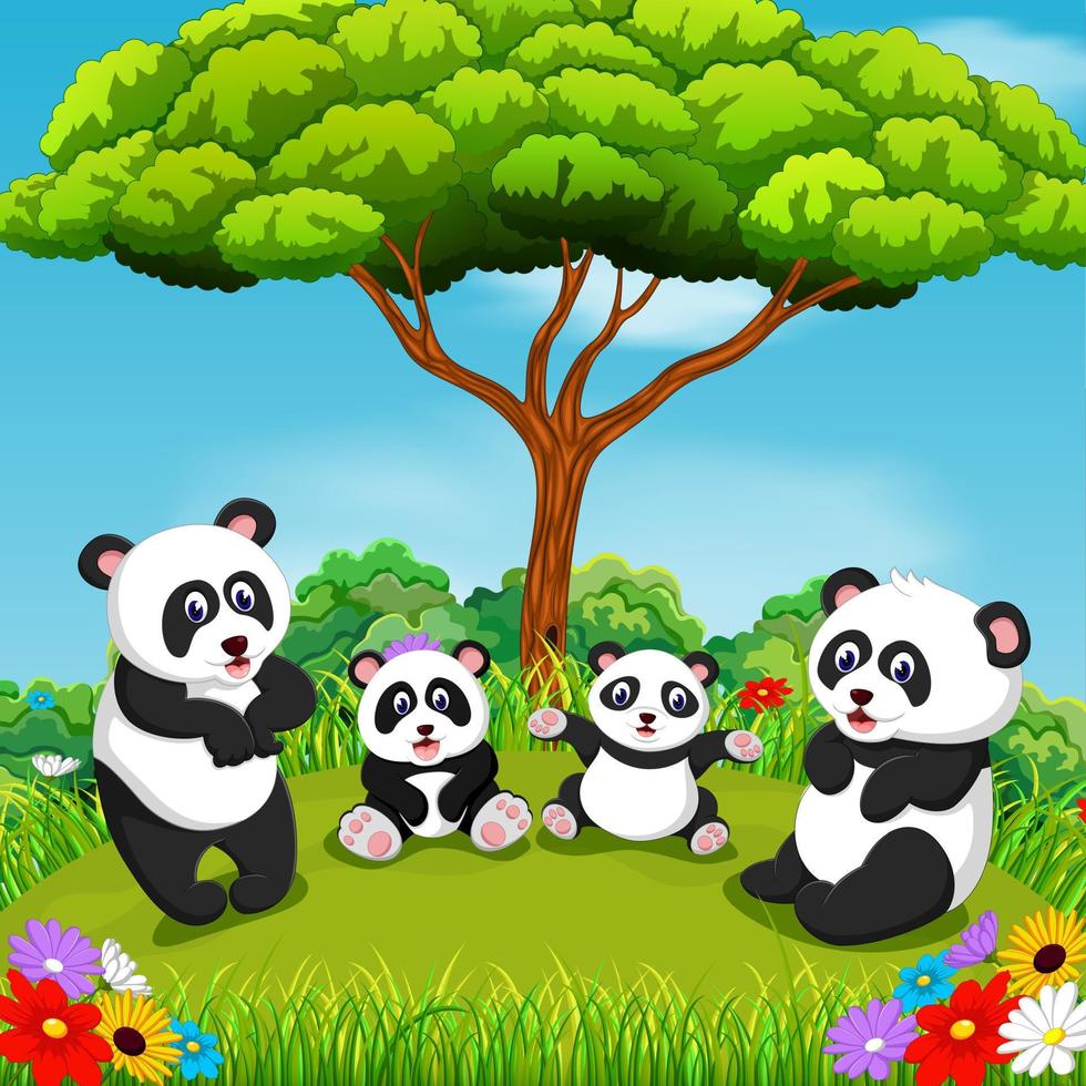 il bellissimo Visualizza con alcuni panda giocando insieme sotto il albero vettore
