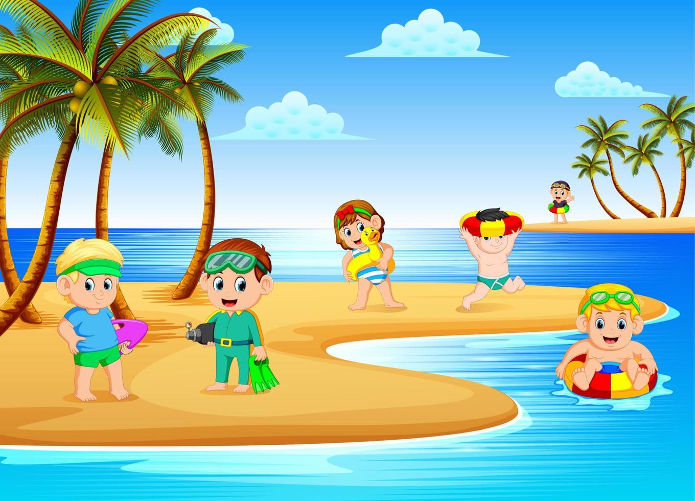 il bellissimo spiaggia Visualizza con il bambini giocando e nuoto nel il spiaggia vettore