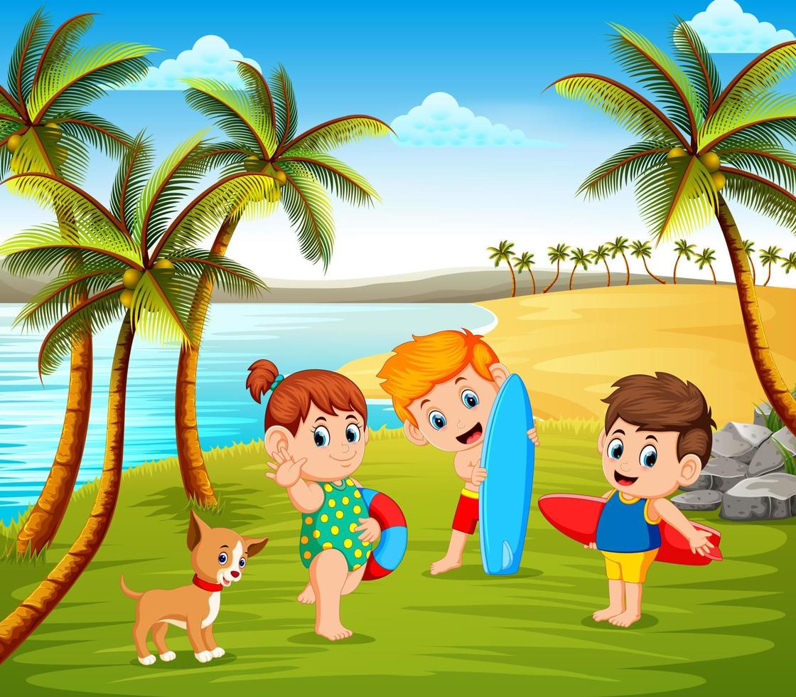 il bellissimo soleggiato giorno nel il spiaggia e il bambini giocando insieme con alcuni animali domestici vettore