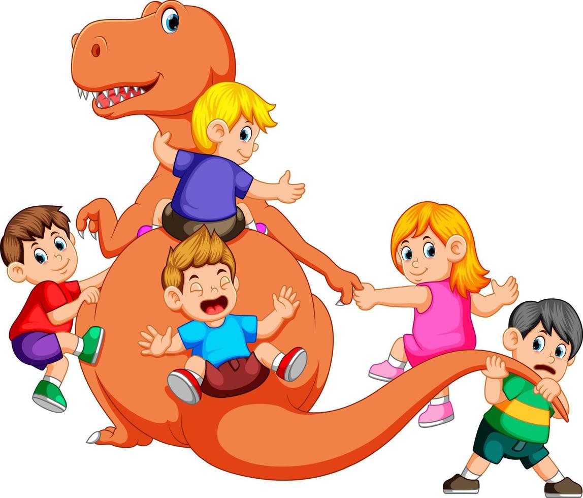 il bambini giocando e Tenere il tirannosauro rex corpo e Tirare il suo coda alcuni di loro Tenere il suo mano vettore