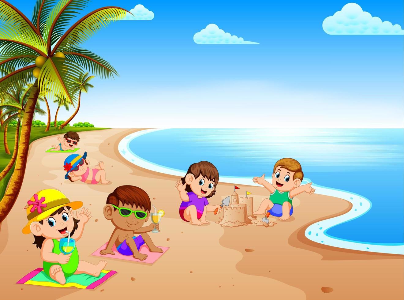 il estate vacanza nel il spiaggia con il bambini rilassare e giocando vicino il spiaggia vettore