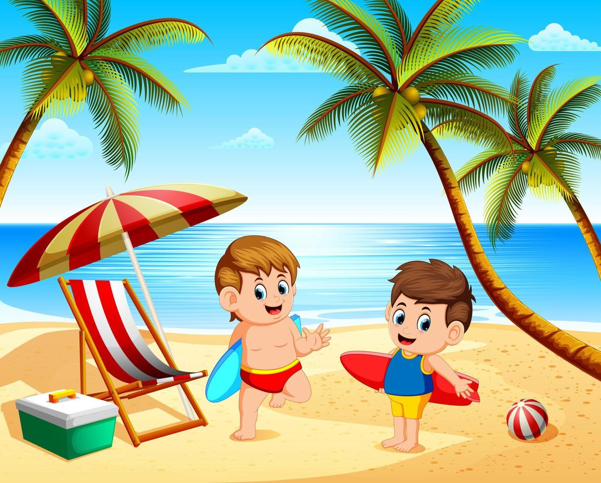 il bambini estate vacanza giocando nel il spiaggia e Tenere il fare surf tavola vettore