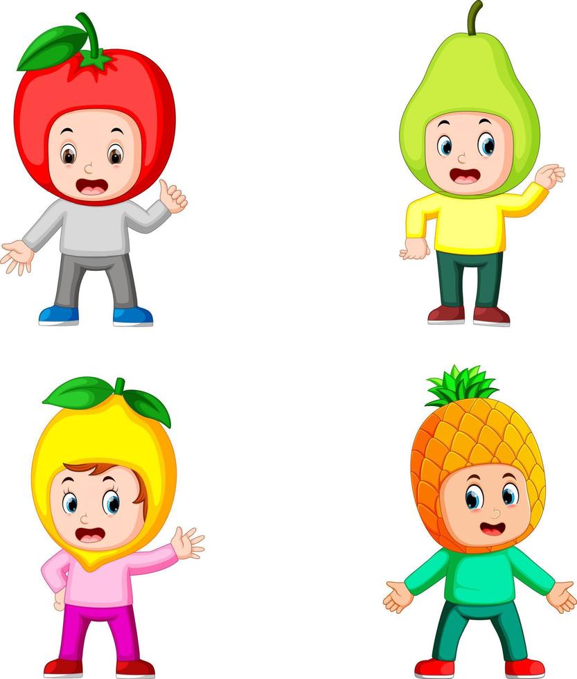 il collezione di il ragazzo bambini utilizzando il frutta costume con diverso in posa vettore