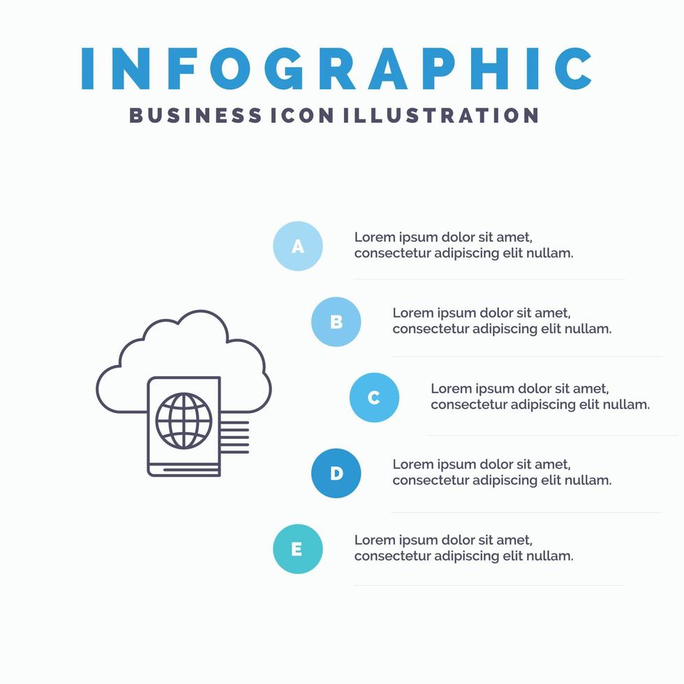 nube lettura cartella caricare linea icona con 5 passaggi presentazione infografica sfondo vettore