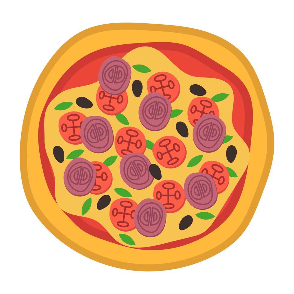 Pizza superiore Visualizza icone. italiano cibo con pomodoro e formaggio isolato su bianca sfondo. delizioso menù per un' ristorante con formaggio , funghi e carne ingredienti. il giro cibo vettore illustrazione