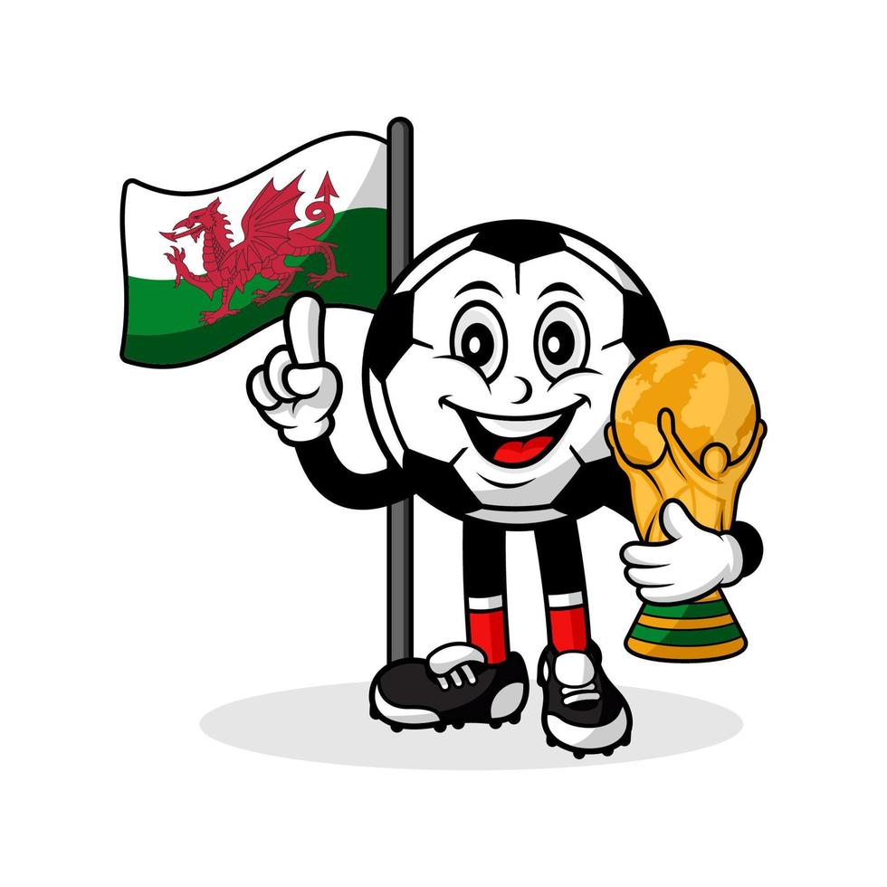 portafortuna cartone animato calcio Galles bandiera con trofeo mondo vincitore vettore