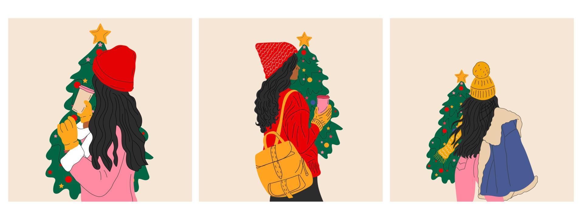 impostato di tre ragazze quello nel un' cappello sta nel davanti di un' Natale albero con un' tazza di caffè. vettore nel cartone animato stile. tutti elementi siamo isolato