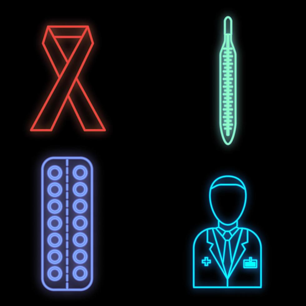 impostato di luminosa raggiante multicolore medico neon segni per un' farmacia o ospedale memorizzare bellissimo brillante scientifico pillole termometro medico su un' nero sfondo. vettore illustrazione
