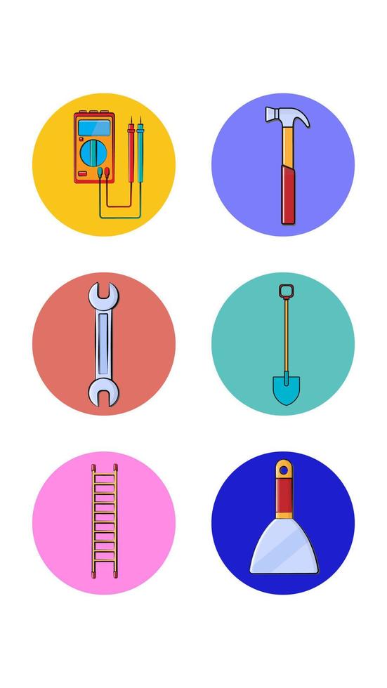 un' impostato di sei il giro icone per il attuale uno con diverso costruzione utensili per riparazione un' tester martello chiave inglese vanga scala mastice coltello su un' bianca sfondo. vettore illustrazione