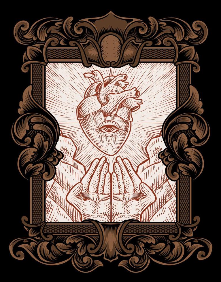 illustrazione antico cuore con pregare mano incisione ornamento telaio vettore