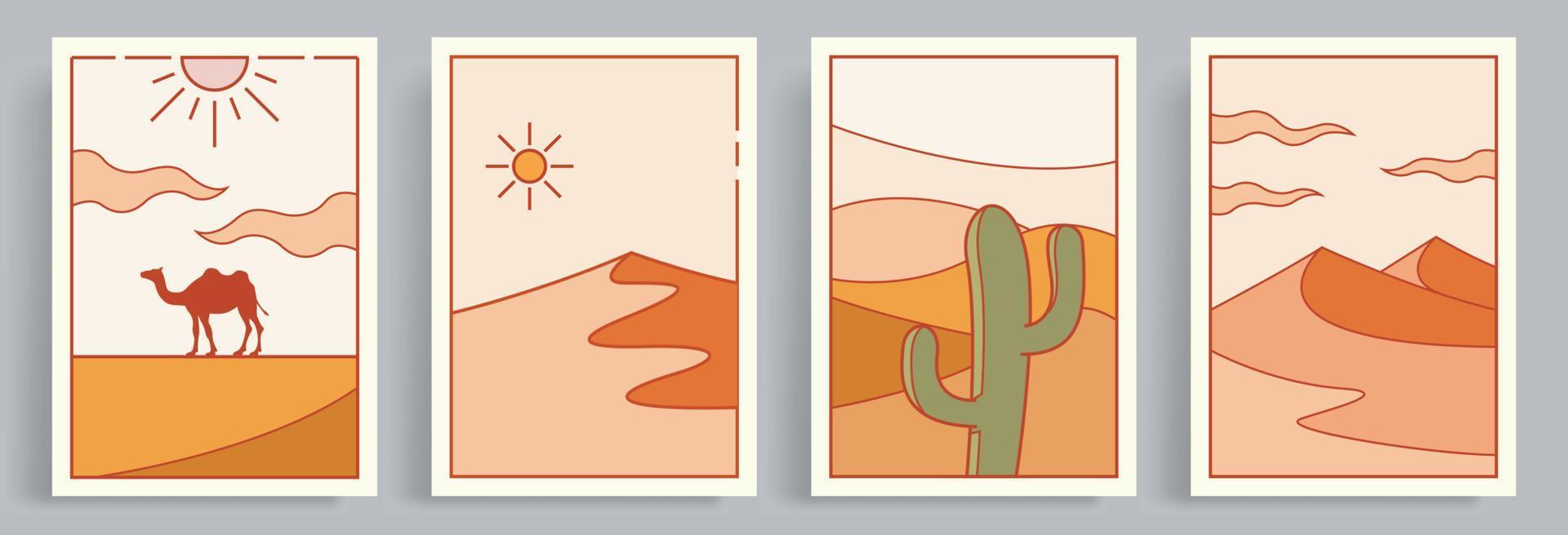 4 collezioni di Vintage ▾ styled vettore illustrazioni. egiziano stile retrò ornamento con deserto distesa, cammello e cactus. adatto per manifesto, libro coperchio, opuscolo, rivista, volantino, libro coperchio.