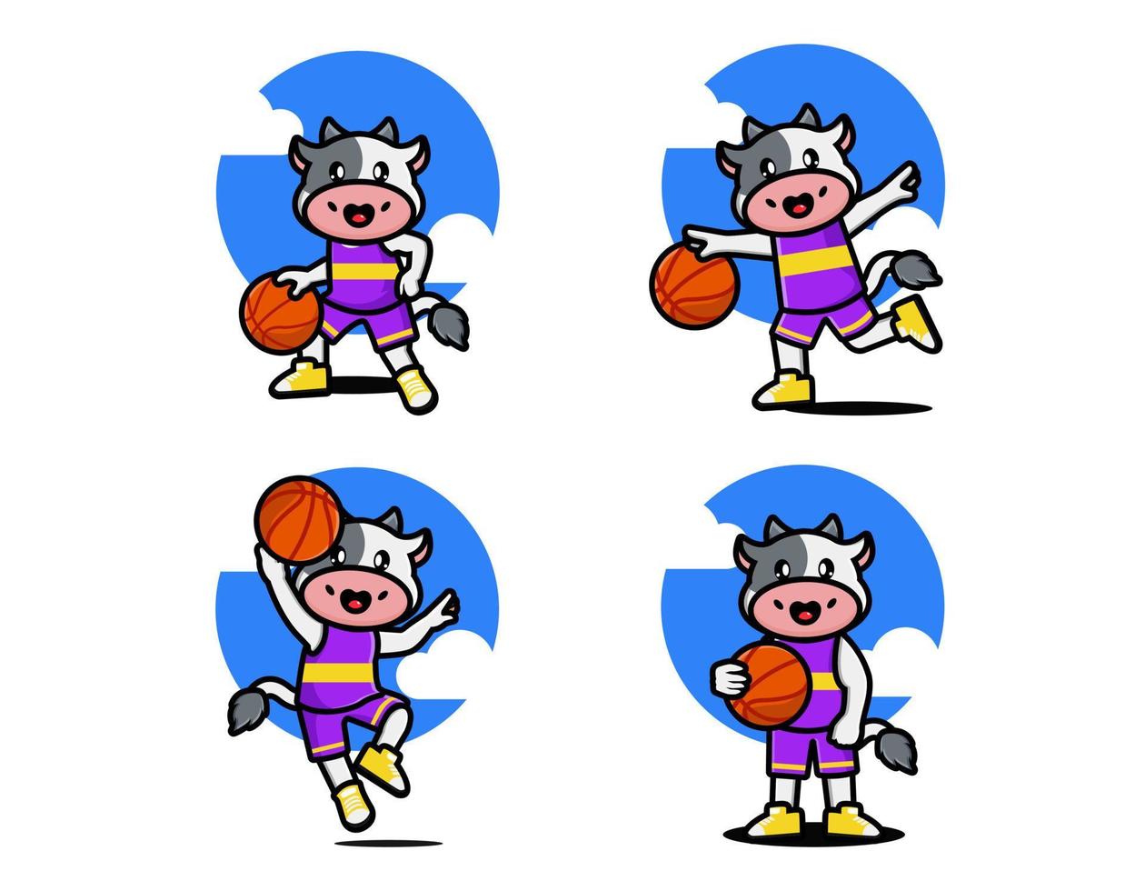 impostato di contento carino mucca giocando pallacanestro vettore