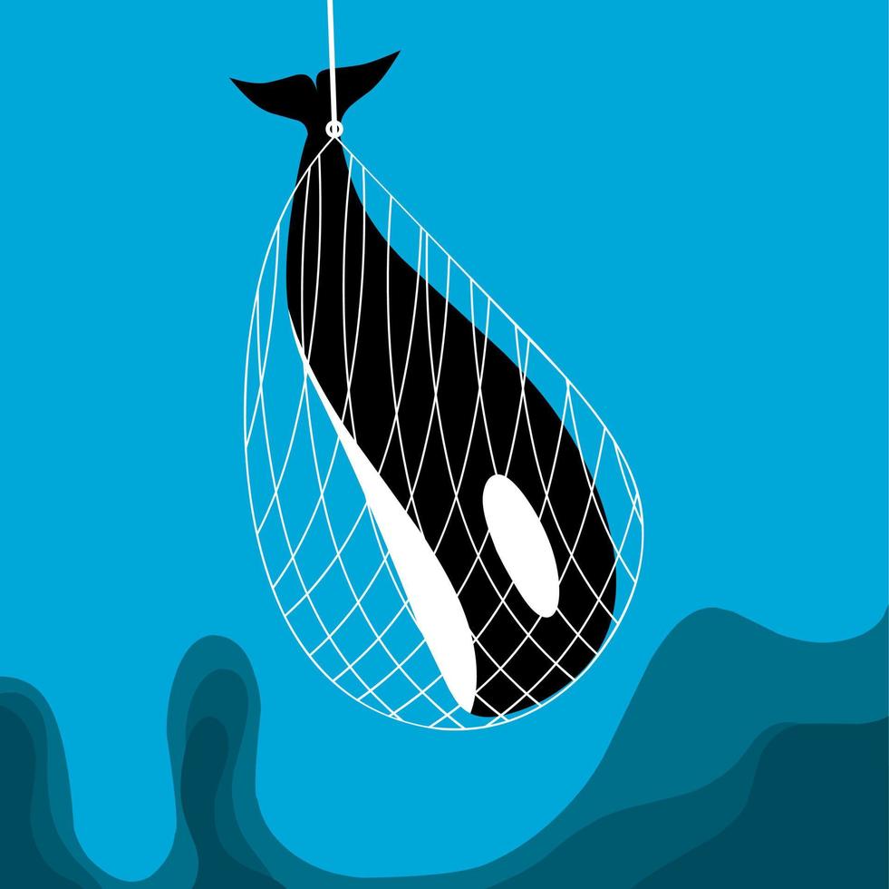 vettore illustrazione di un' balena catturato nel un' pesca rete. non fare catturare balene con reti. blu mare sfondo.
