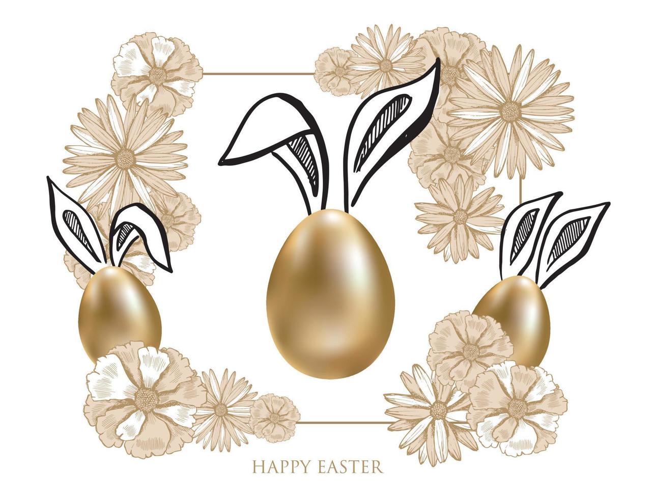 Buona Pasqua. orecchie di coniglio. uova d'oro. illustrazione disegnata a mano. vettore