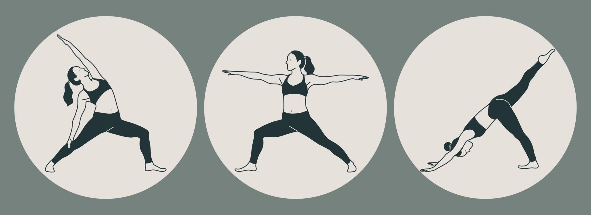 impostato di donne indossare abbigliamento sportivo fare yoga. giovane sottile ragazze fare yoga. mano disegnato colorato vettore illustrazioni. motivazione. Salute cura e stile di vita concetto. femmina yoga.