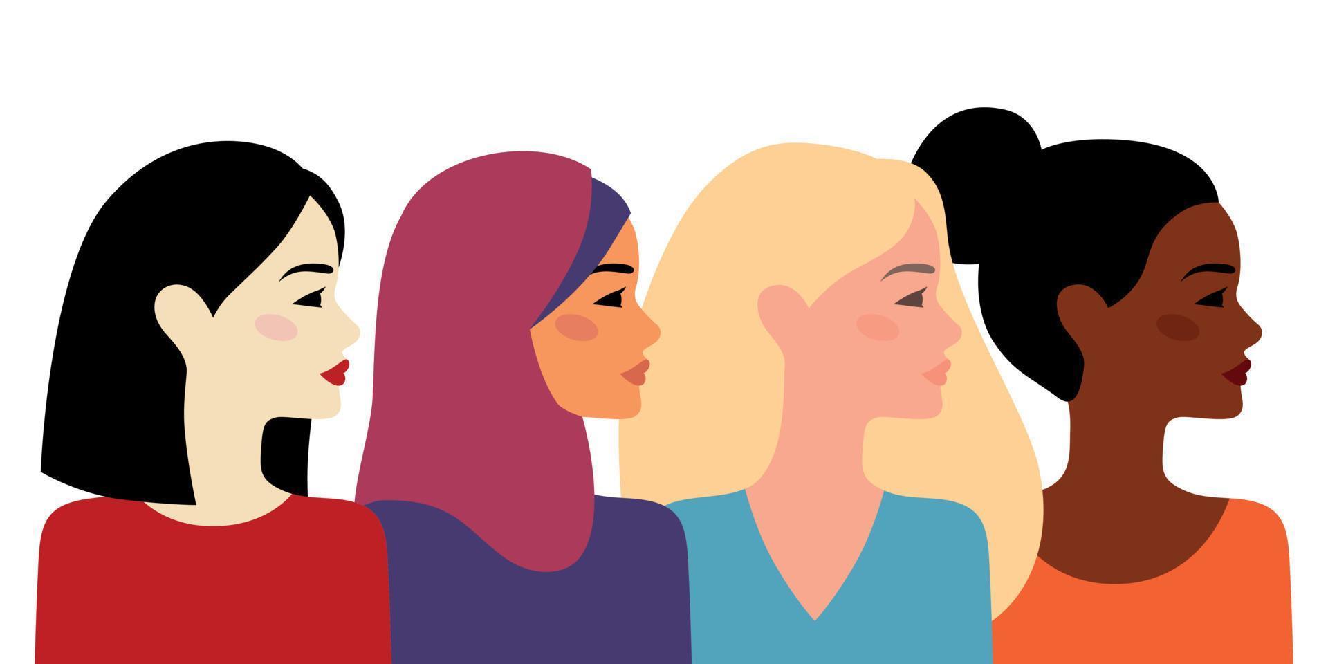 multietnico donne gruppo. diverso etnia, bellezza, capelli e pelle colore. il concetto di donna, femminilità, diversità, indipendenza e uguaglianza. internazionale Da donna giorno. vettore illustrazione.
