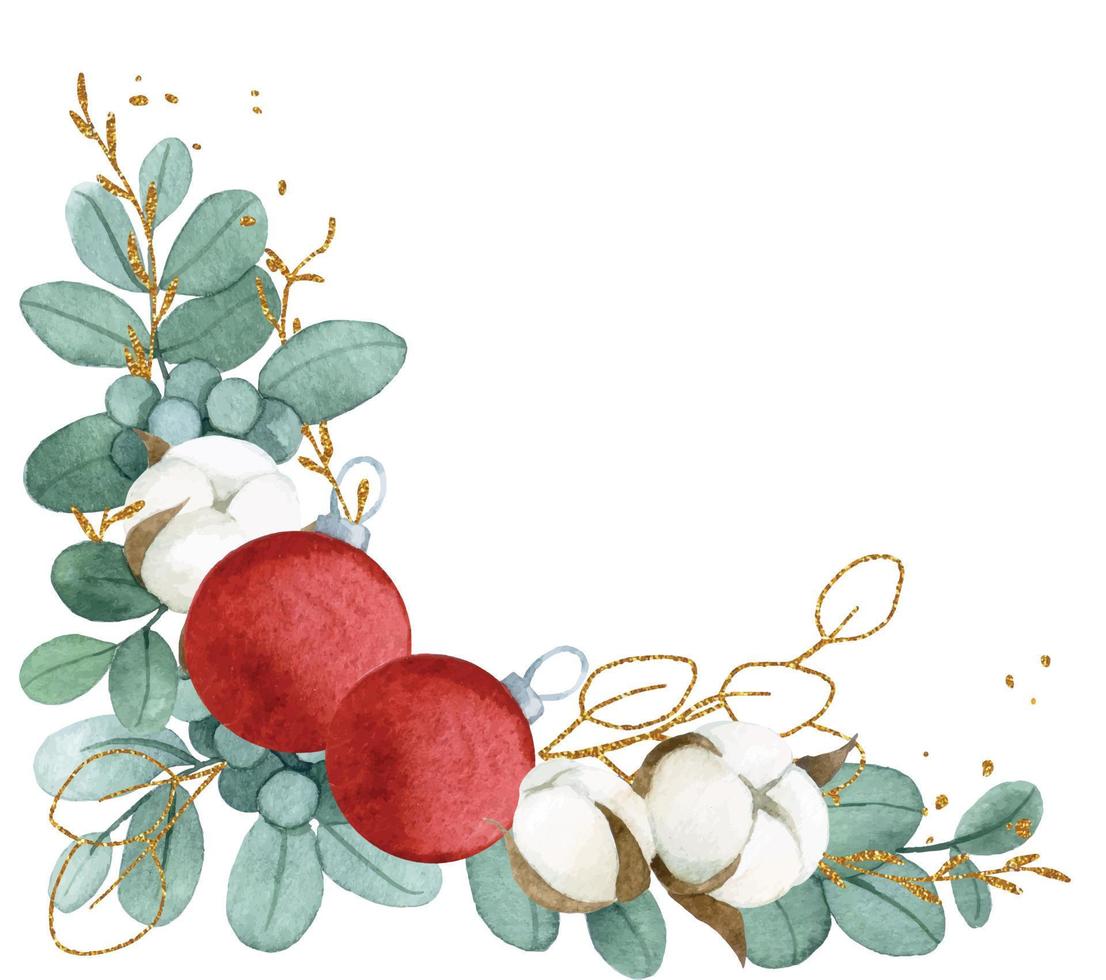 acquerello disegno. Natale composizione, un' mazzo di eucalipto foglie, cotone e Natale rosso palle. d'oro le foglie vettore