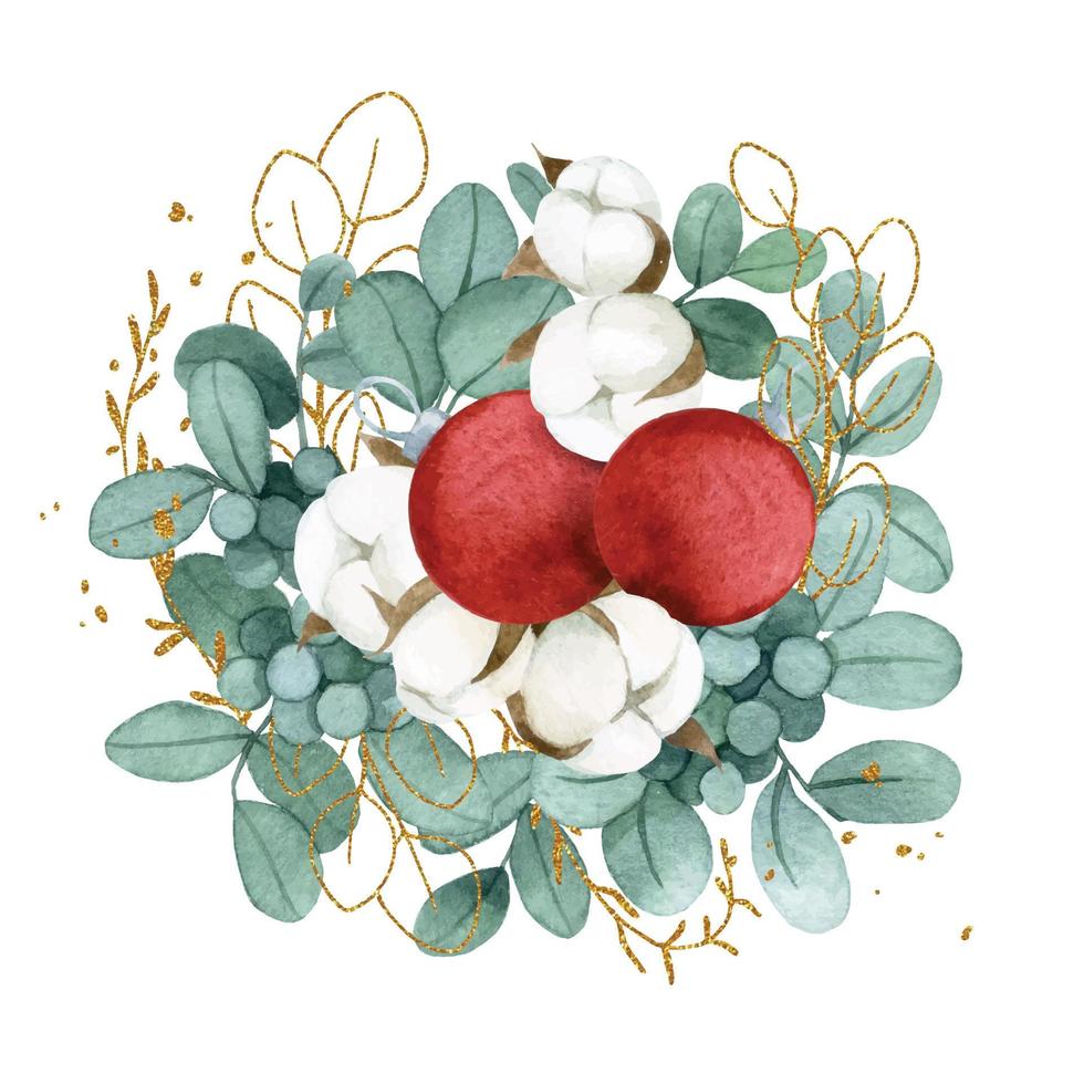 acquerello disegno. Natale composizione, un' mazzo di eucalipto foglie, cotone e Natale rosso palle. d'oro le foglie vettore