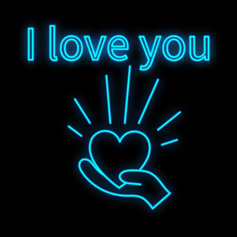 luminosa luminoso blu festivo digitale neon cartello per un' memorizzare o carta bellissimo brillante con amore mani con un' cuore e il iscrizione io amore voi su un' nero sfondo. vettore illustrazione