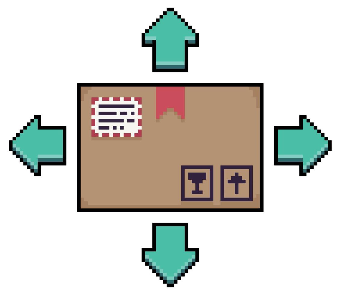 pixel arte pacco imballare con frecce icona, pacco distribuzione, cartone scatola vettore icona per 8 bit gioco su bianca sfondo
