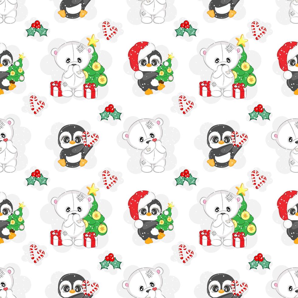 senza soluzione di continuità modello con bianca Natale orso e pinguino, vettore illustrazione