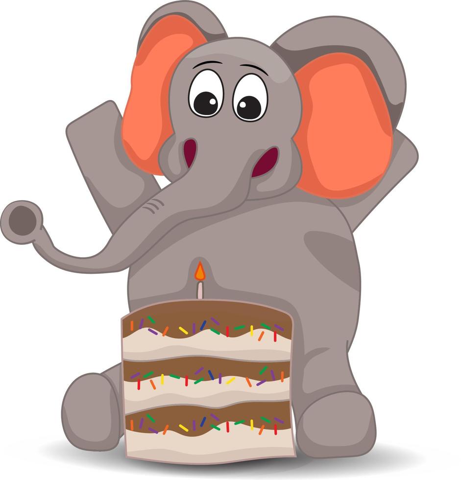 contento grigio elefante berretto sedersi con torta.felice compleanno concetto vettore