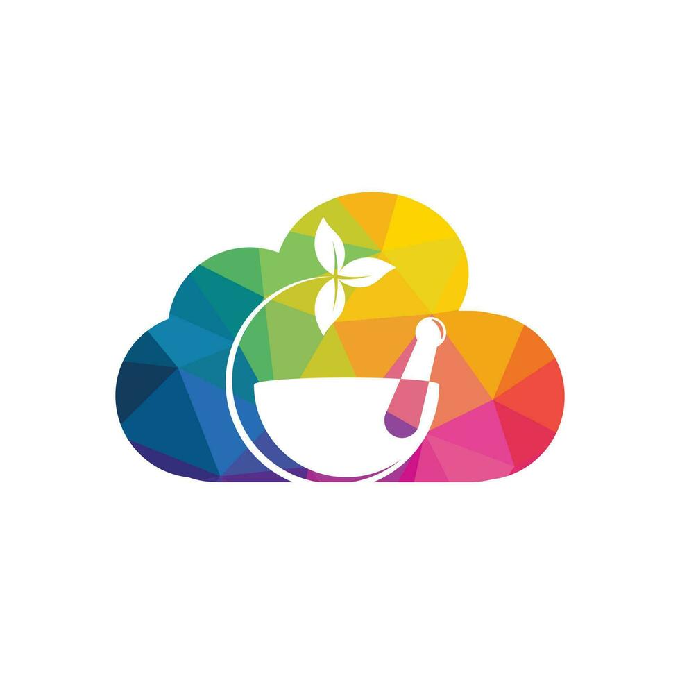 nube farmacia medico logo design. naturale mortaio e pestello logotipo, medicina erbaceo illustrazione simbolo icona vettore design.