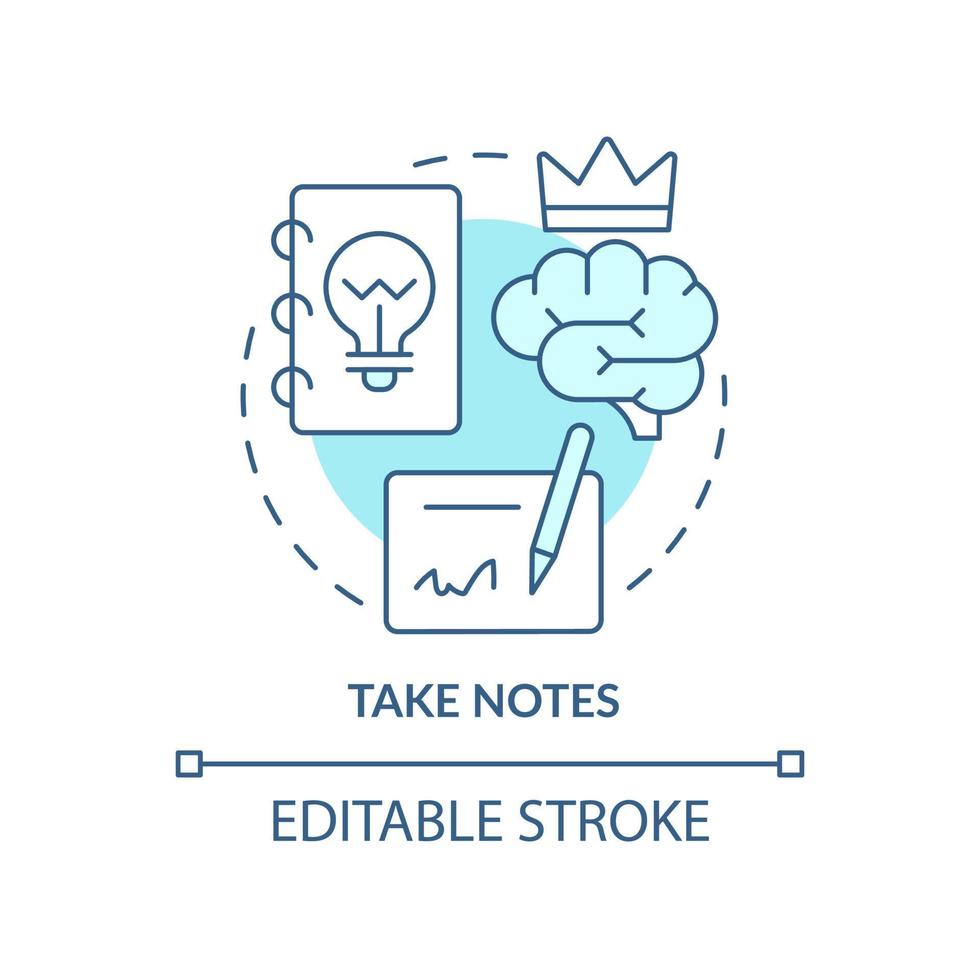 prendere Appunti turchese concetto icona. informazione record. apprendimento tecnica astratto idea magro linea illustrazione. isolato schema disegno. modificabile ictus. vettore