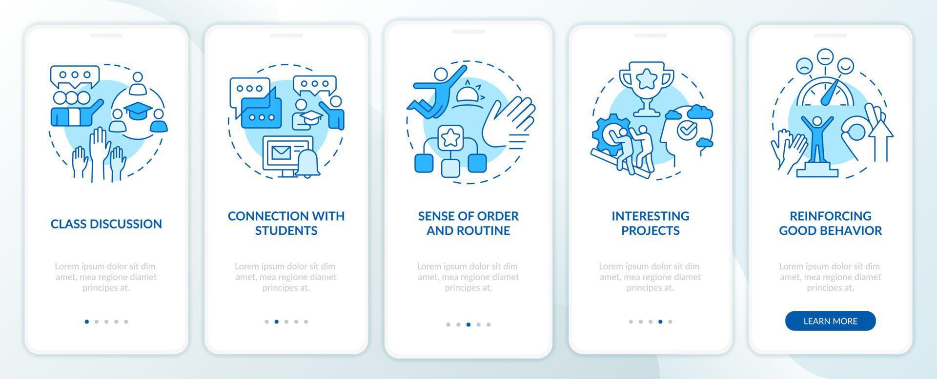 salutare apprendimento ambiente blu onboarding mobile App schermo. Procedura dettagliata 5 passaggi modificabile grafico Istruzioni con lineare concetti. ui, ux, gui modello. vettore