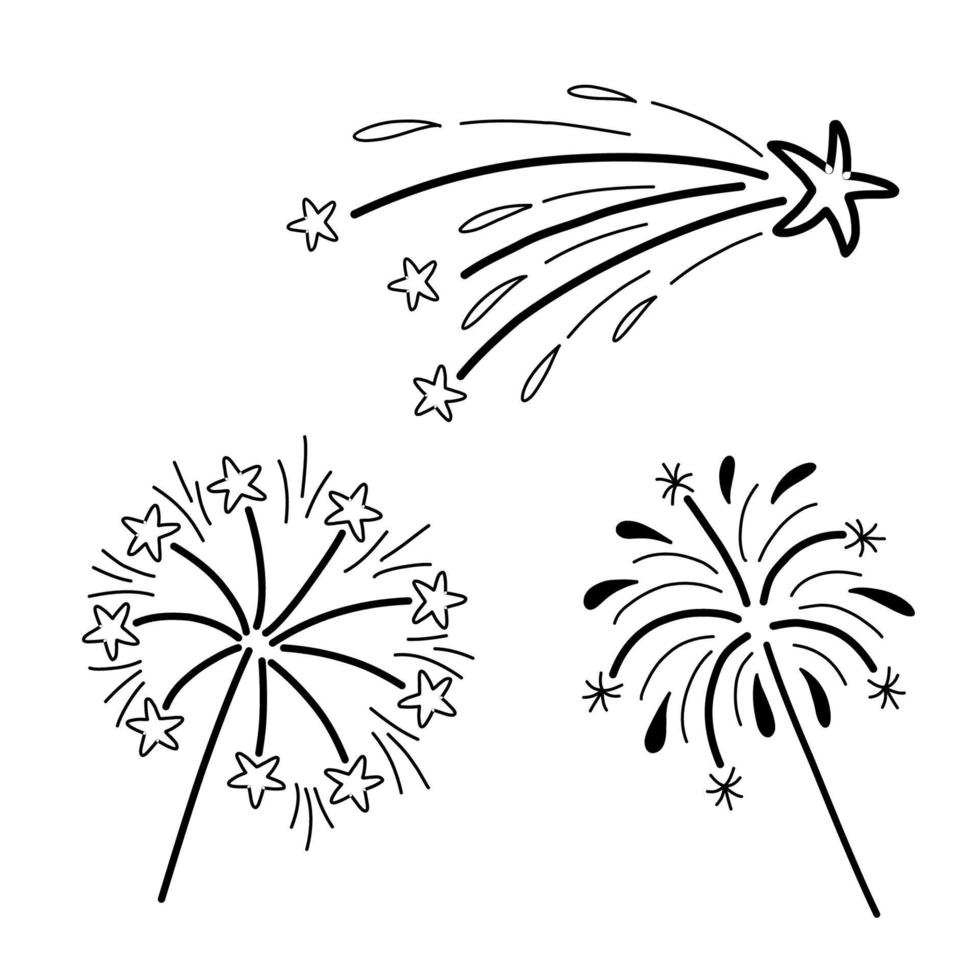 un' impostato di illustrazioni di festivo fuochi d'artificio, saluto e stelle filanti, disegnato a mano nel il stile di scarabocchio festivo fuochi d'artificio, festivo fuochi d'artificio per un' festa vettore