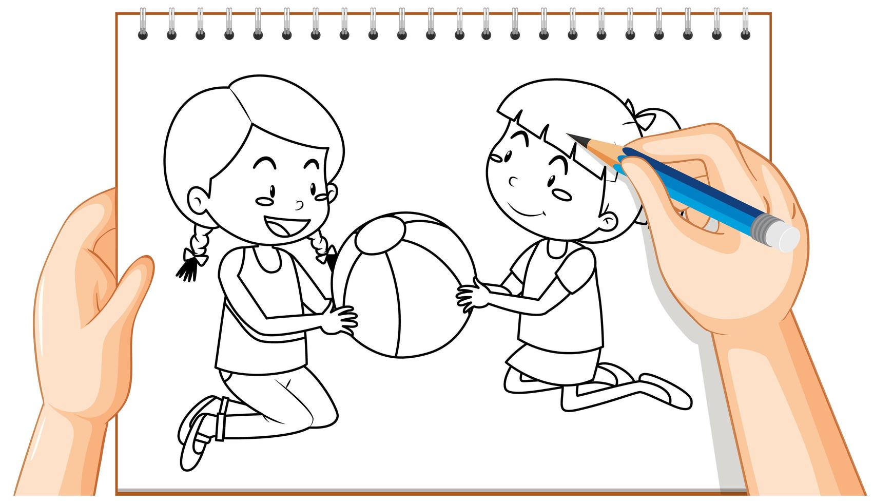 scarabocchio di due ragazze che giocano con una palla vettore